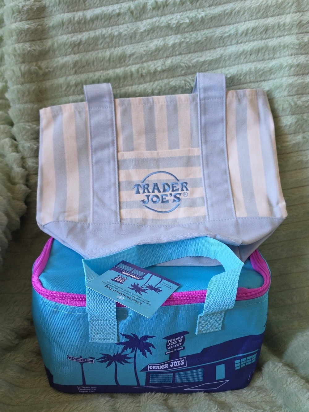 2 Pcs.Trader Joe's Blue & White Stripe Tote with Blue Cooler Bag
